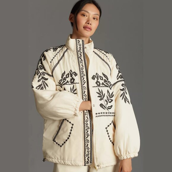 NEW Size XXS (Runs Large) - Anthropologie Embroidered Puffer Coat - Ivory - Picture 1 of 5